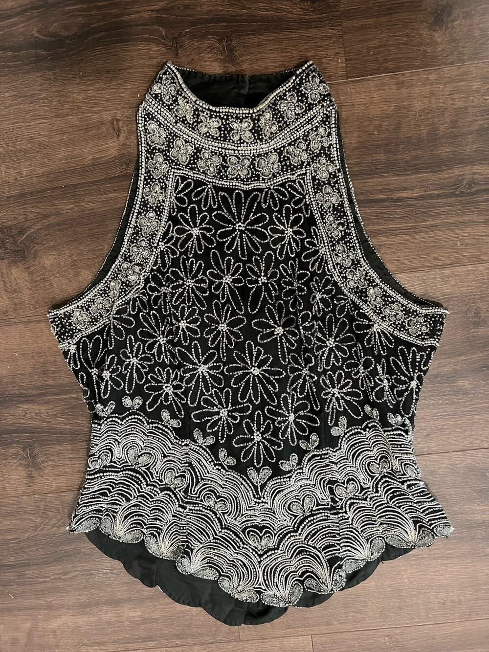 Vintage Adrianna Papell Boutique Evening Floral Silk Beaded Halter Top m Black